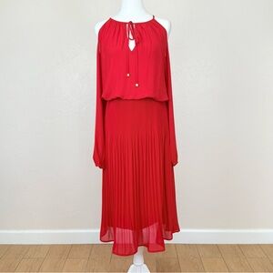 Michael Michael Kors Long Sleeve Cold Shoulder Red Pleated Midi Dress Size S